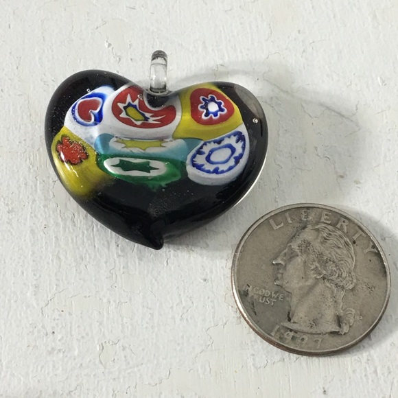 Vintage Murano Glass Black Back Heart Pendant - Picture 7 of 8